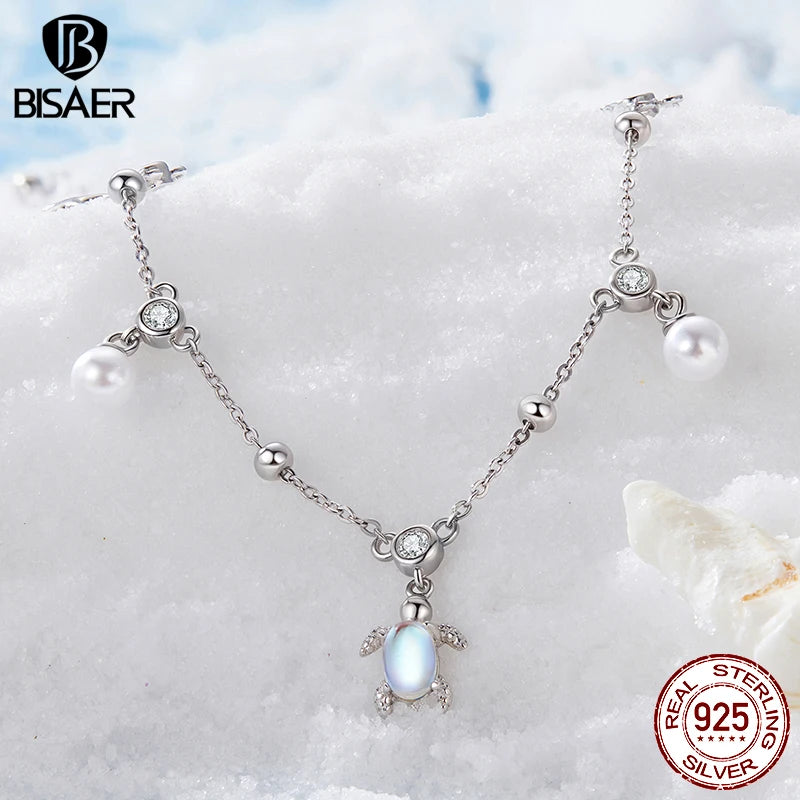 BISAER 100% 925 Sterling Silver Turtle Anklets Starfish Shell Beads Chain Anklet For Women Party Fine Jewelry Holiday Gift