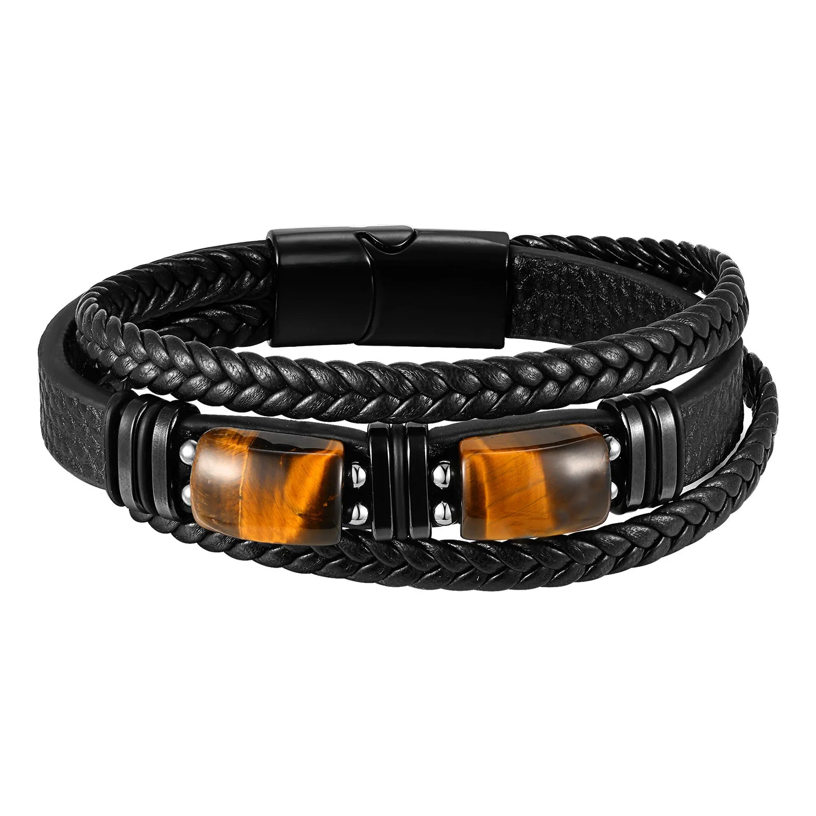 Bracelets en cuir et perles de pierre œil de tigre Vnox, bracelets joncs en cuir noir tressé superposés, bracelets anti-stress en pierre naturelle