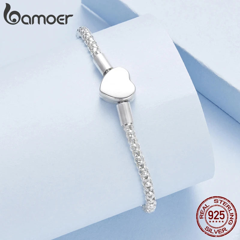 BAMOER 925 Sterling Silver Heart Love 3mm Chain Charm Bracelet for Women, High Quality Bracelet Fit for DIY Beads & Pendant