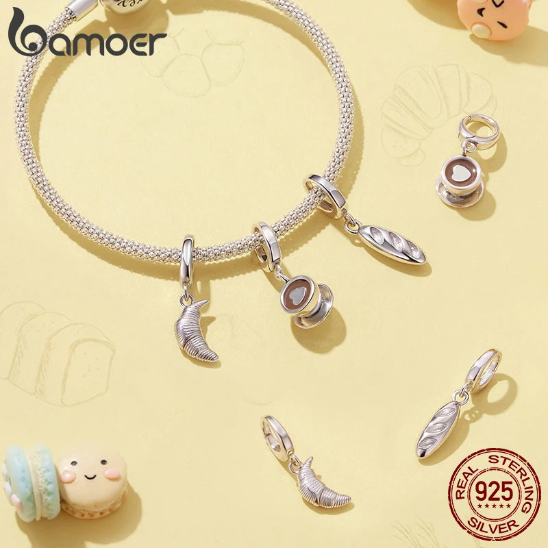Bamoer 925 Sterling Silver Coffee Cup Clasp Pendant Sweet Dessert Beads Clips for Women Teen Bracelet Daily Jewelry Accessories