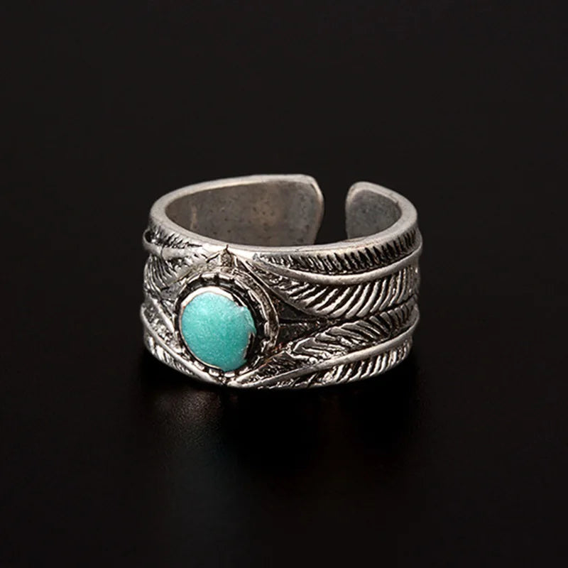 Retro Green Stone Feather Ring For Men Silver Color Punk Gothic Open Ring Handmade Designer Jewelry Unisex Accessories Love Gift