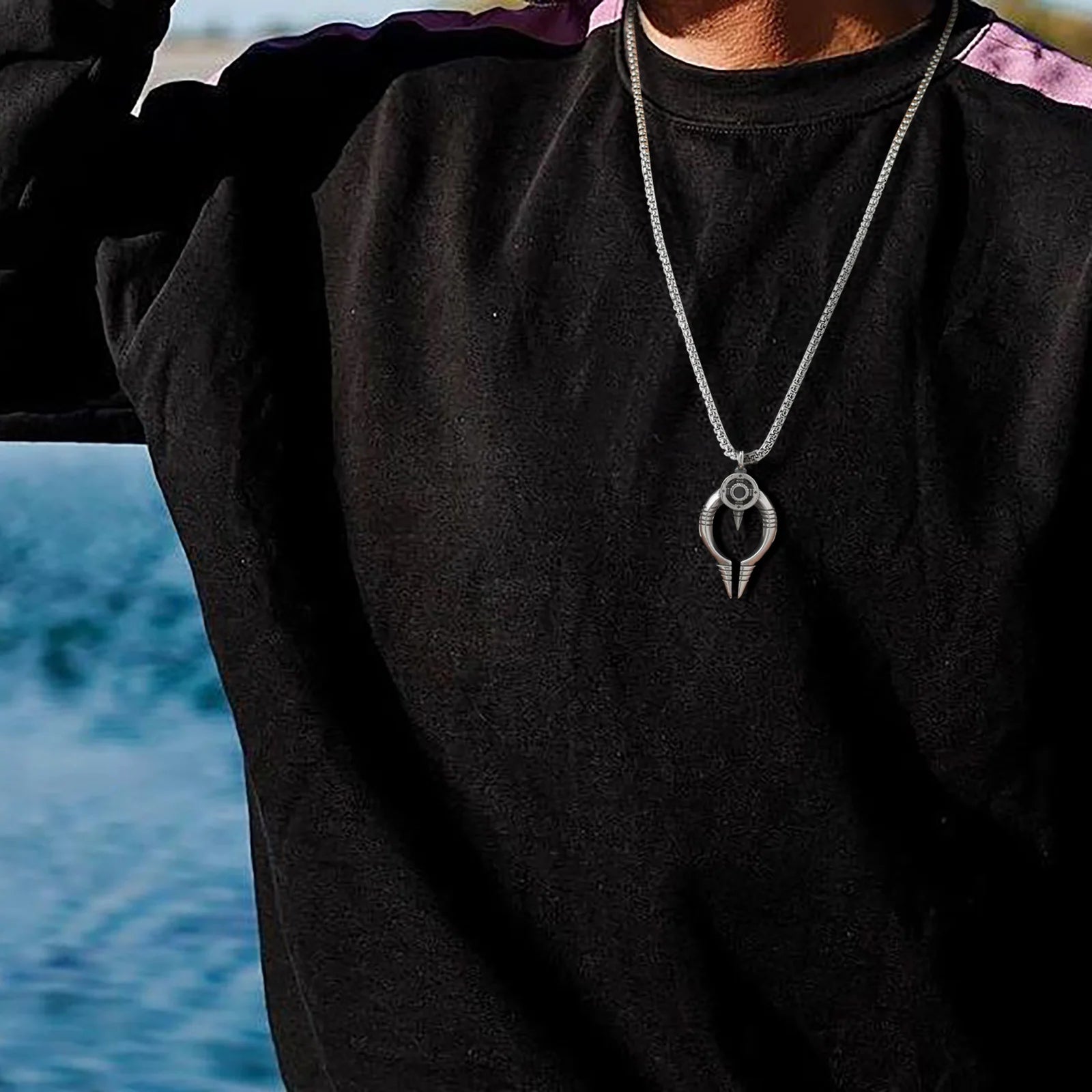 Vnox Nordic Viking Symbol Necklace with Box Chain,Gothic Black Cubic Zirconia Stone Inlay Pendant, Protective Jewelry Gift