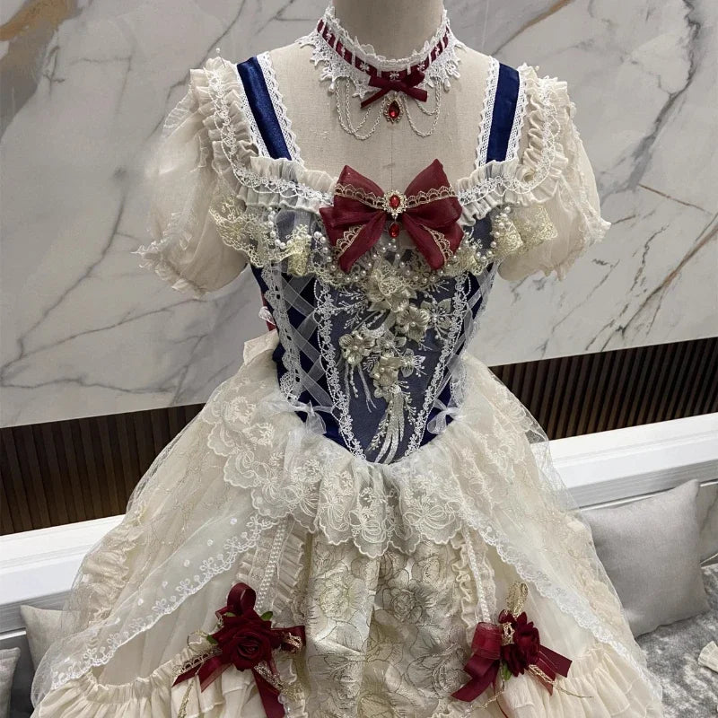 Japanisches Sweet Lolita Prinzessinnenkleid für Damen, elegant im Vintage-Stil mit Schleife, schulterfrei, aus Spitze, Mesh und Perlen, Abendkleid für Partys, Lolita-Kleidung
