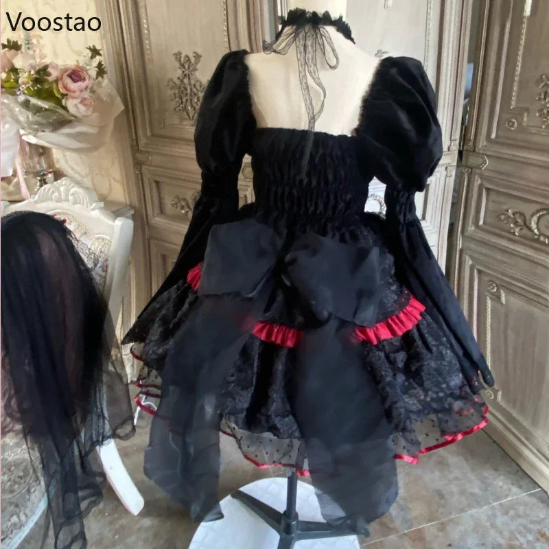 Gothic Lolita Jsk Dresses Victorian Women Elegant Lace Halter Neck Dark Mini Dress Girls Punk Y2K Halloween Holiday Party Dress