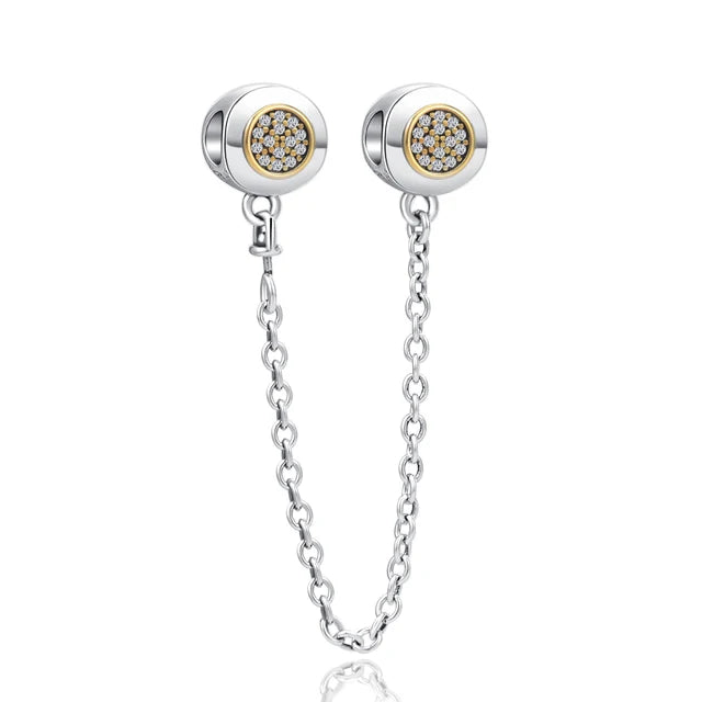 Silver 925 Sparkling Clear Sparkle Bow Stars Safety Chain Charm Bead Fit Original Pendant DIY Jewelry For Women