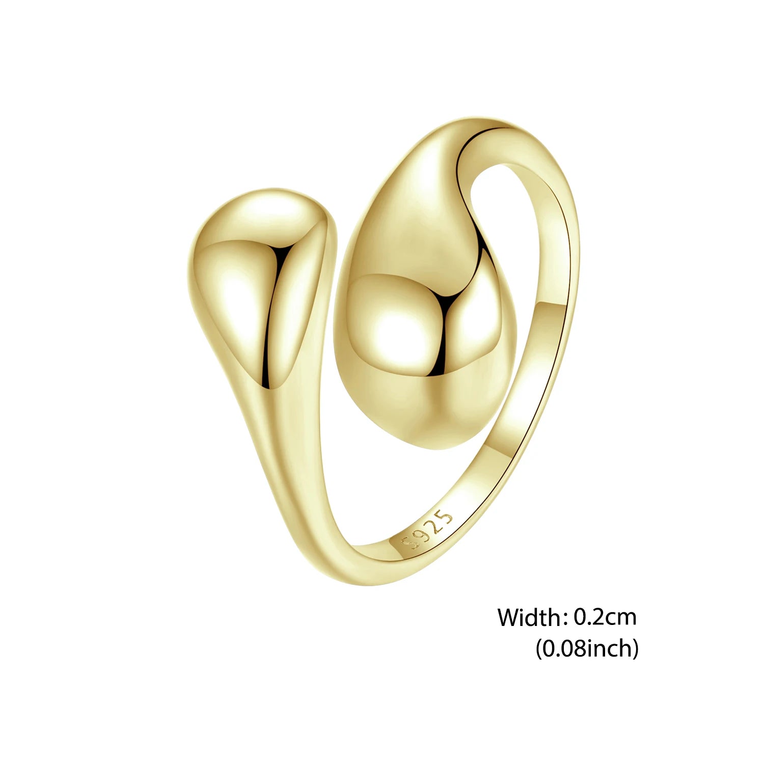 BISAER 925 Sterling Silver Water Droplet Open Ring Metal Statement Band Adjustable 18K Gold-Plated for OL Women Fine Jewelry