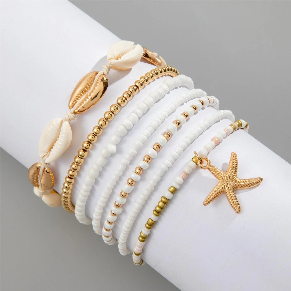Bohemian Vacation Style Bracelets for Women Shell Beaded Weaving Bracelet Beads Seven Piece Set Bracelet Beach Photo Jewelry