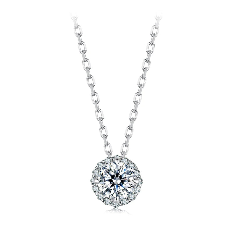 BAMOER White Gold Plated Halo Moissanite Necklace, 925 Sterling Silver Classic Elegant Necklace Fashion Engagement Jewellry Gift