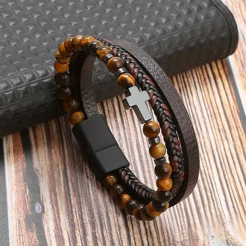 Fashion Cross Pendant MultiLayer Leather Bracelet for Men Women Classic Christian Prayer Christmas New Year Gift