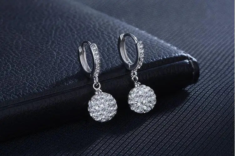 Luxury 925 Sterling Silver 10MM Rhinestone Round Ball Charm Hoop Earrings For Women Wedding Fine Jewelry aretes Creole Huggies