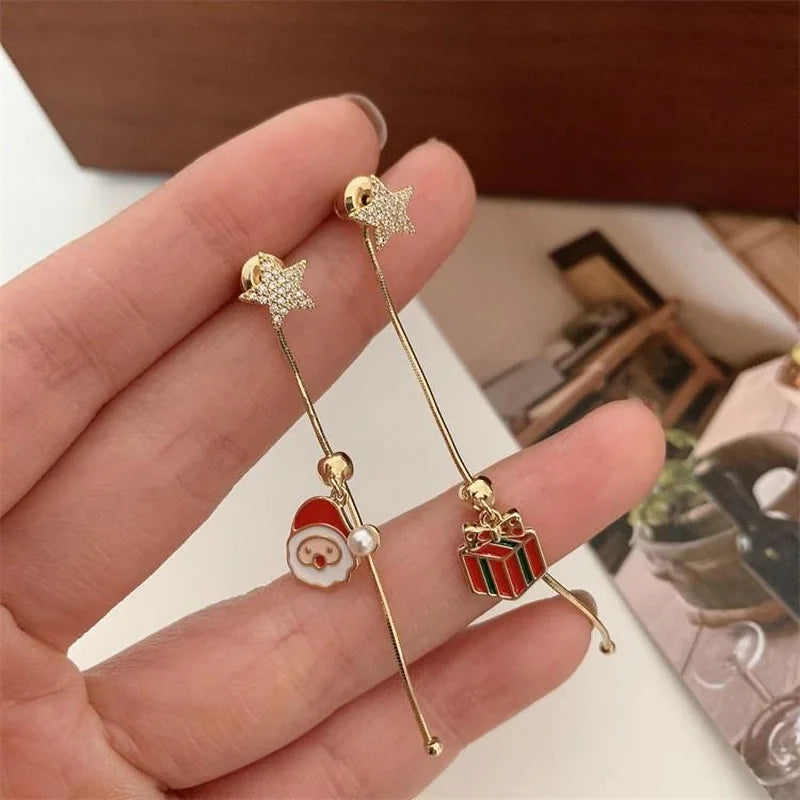 Moving Santa Claus Asymmetric Long Tassel Drop Earrings For Women Christmas Tree Snowflake Star Zircon Earring New Year Jewelry