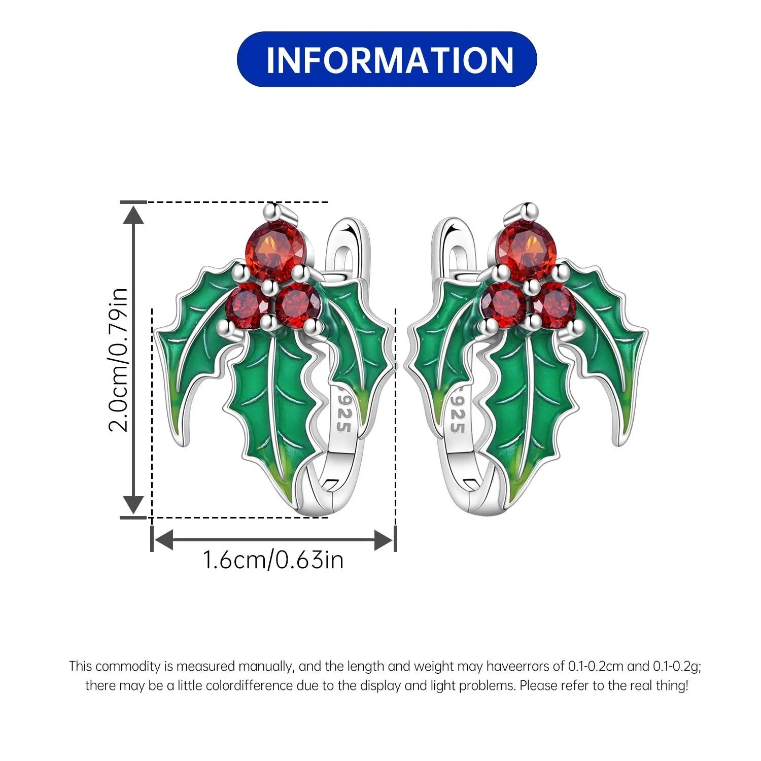 PANPOKI 925 Sterling Silver Green Christmas Holly Earrings Silver Hoop Earrings For Women Jewelry Original Party Gifts