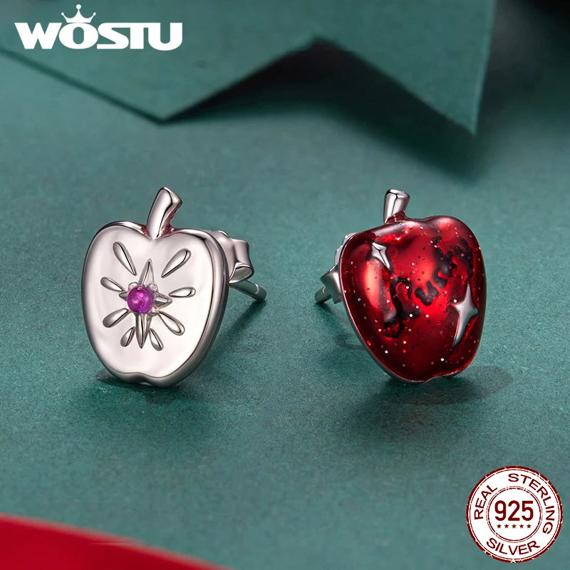 WOSTU Christmas Lucky Apple Stud Earrings For Women , 925 Sterling Silver Red Apple Earrings with Zircon Gems Cute Fruit Jewelry