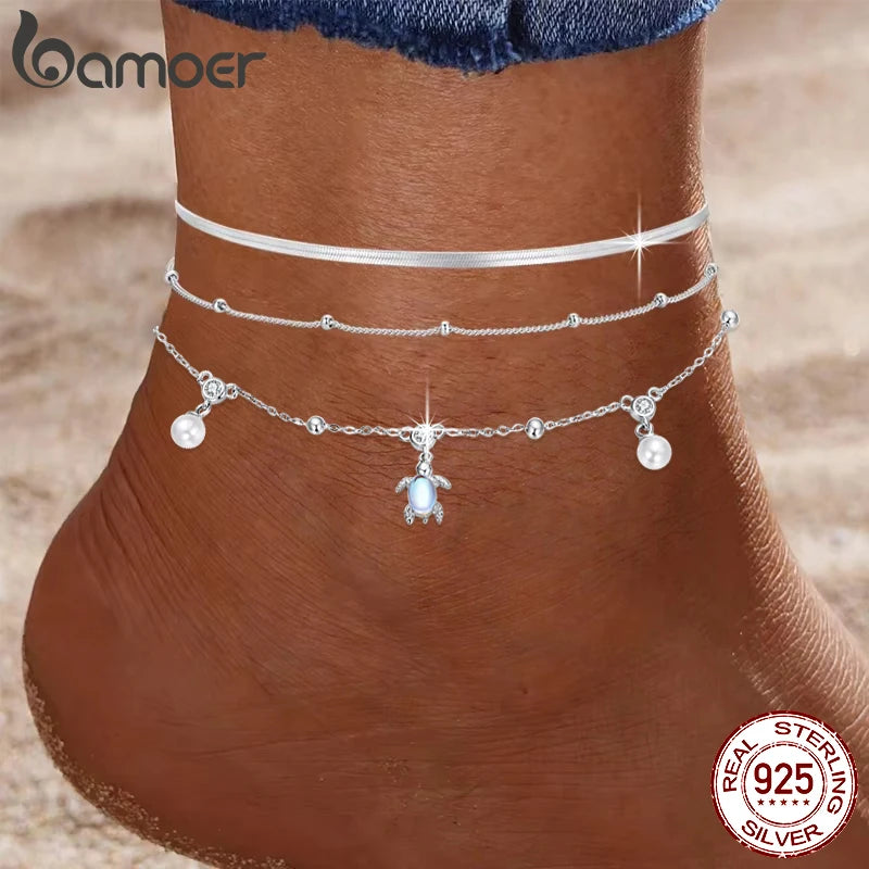 BAMOER 925 Sterling Silver Snake Chain Anklet Bracelet, Adjustable Beach Turtle Ankle Bracelets for Women Foot Chain Jewelry