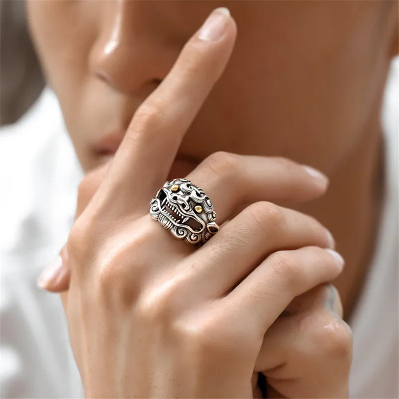 Retro Golden Eye Tang Lion Ring For Men Punk Gothic Open Ring Handmade Designer Jewelry Unisex Accessories Cultural Bless Gift