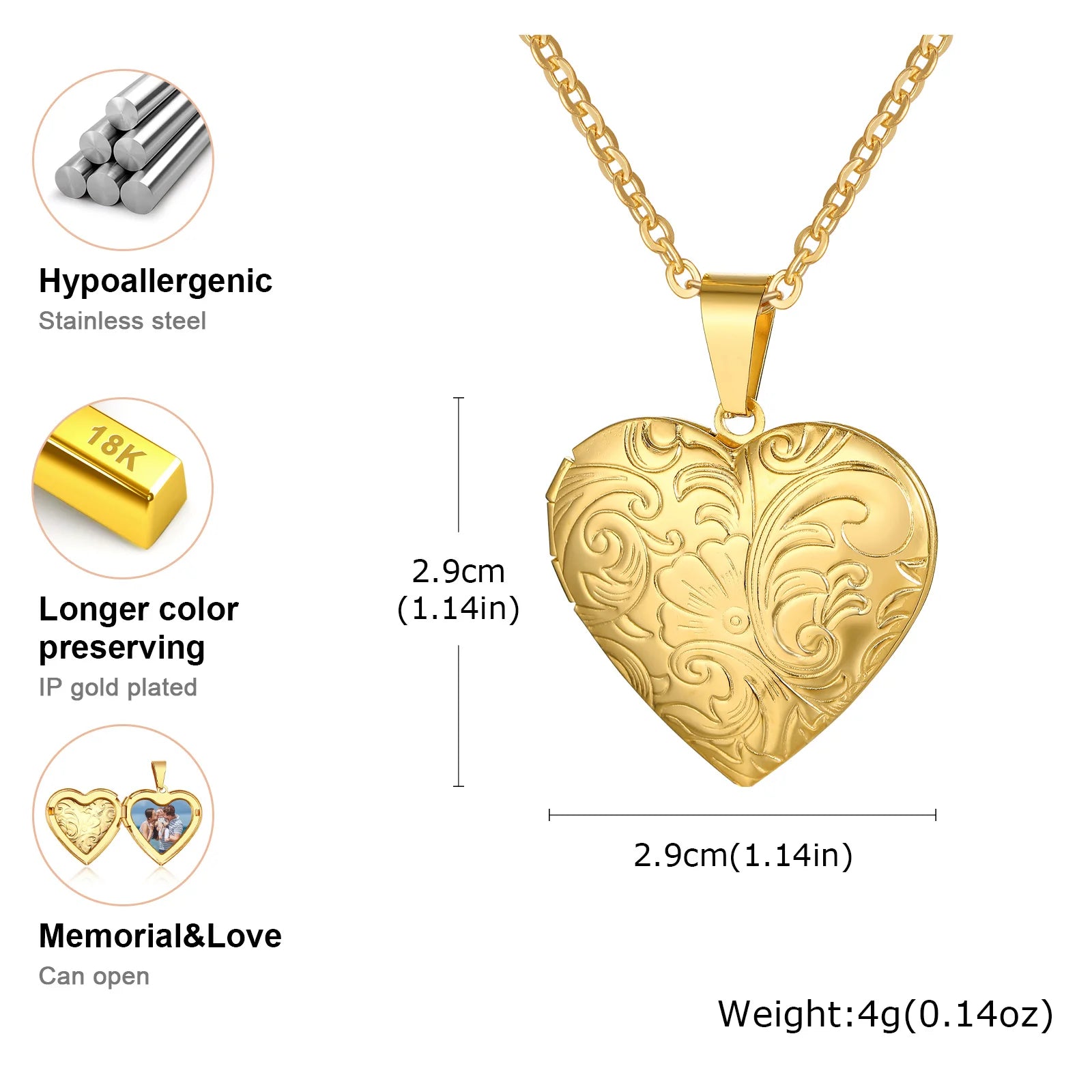 Vnox Light Heart Locket Pendants for Women Men Openable Photo Frame Glossy Stainless Steel Necklaces Family Love Collar