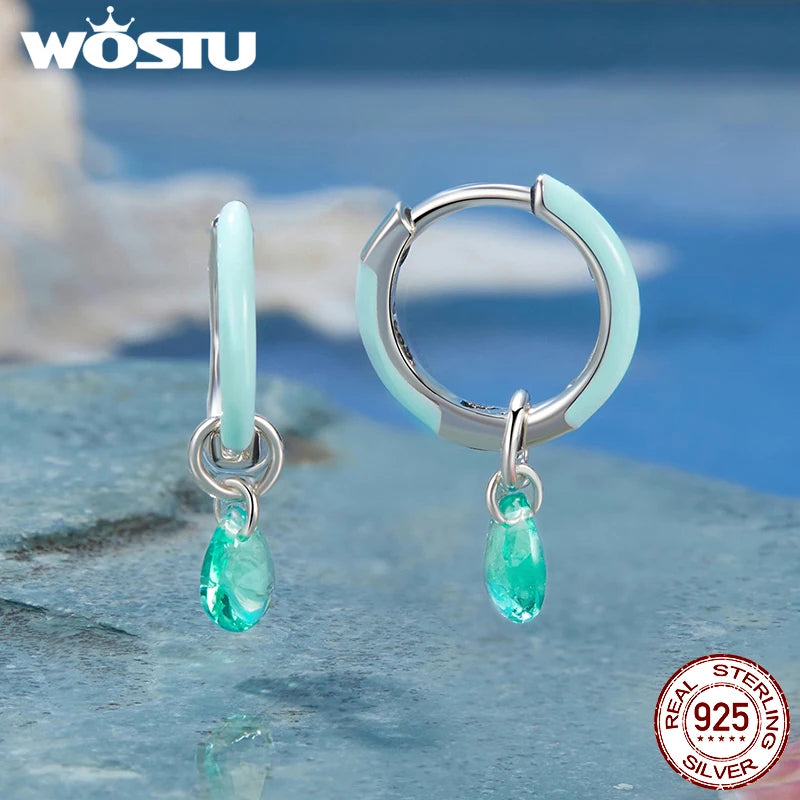 WOSTU 925 Sterling Silver Green Crystal Drop Dangle Earrings For Women Summer Jewelry Hoop Earrings Lady Holiday Pendientes Gift