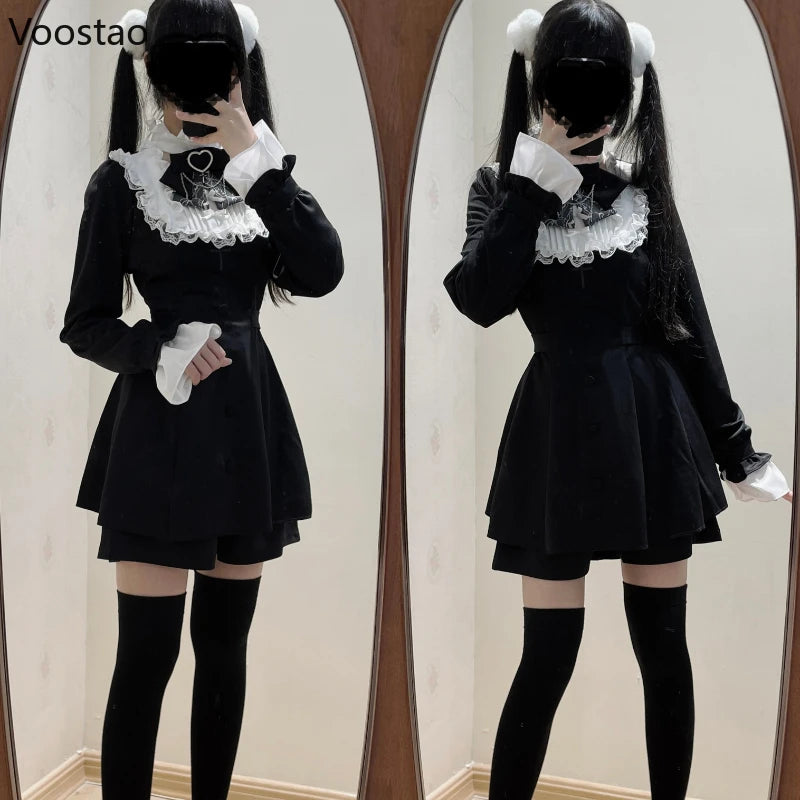 Japanese Gothic Lolita Dress Women Harajuku Y2k Bow Lace Ruffles Collar Long Sleeve Mini Dresses Female Elegant Party Cute Dress