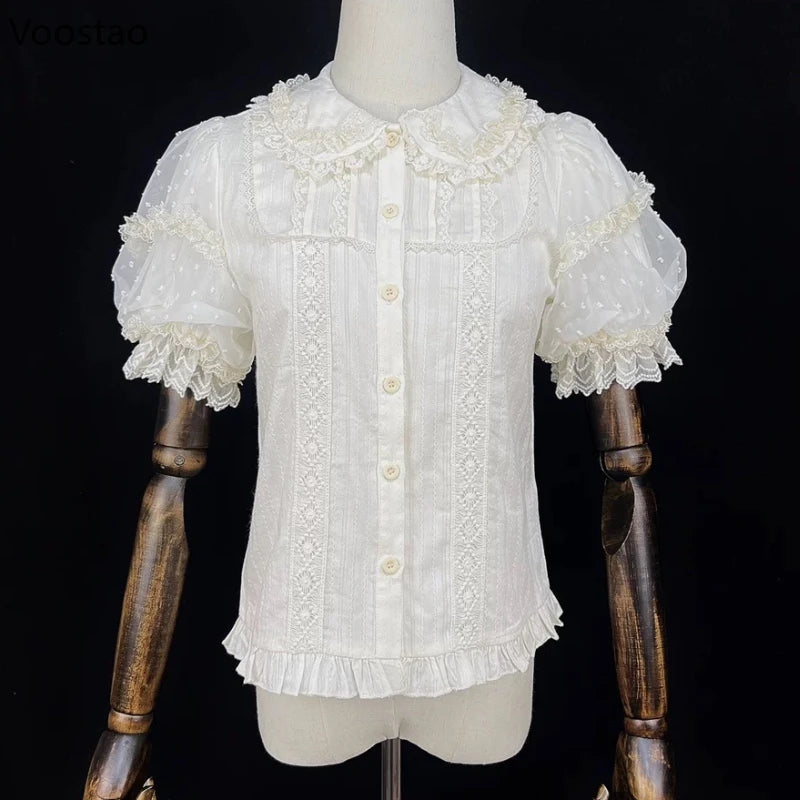 Japanese Sweet Lolita Shirts Women Kawaii Cute Puff Short Sleeve Lace Ruffles Slim Blouses Tops Girls Y2k Clothes Blusas Mujer