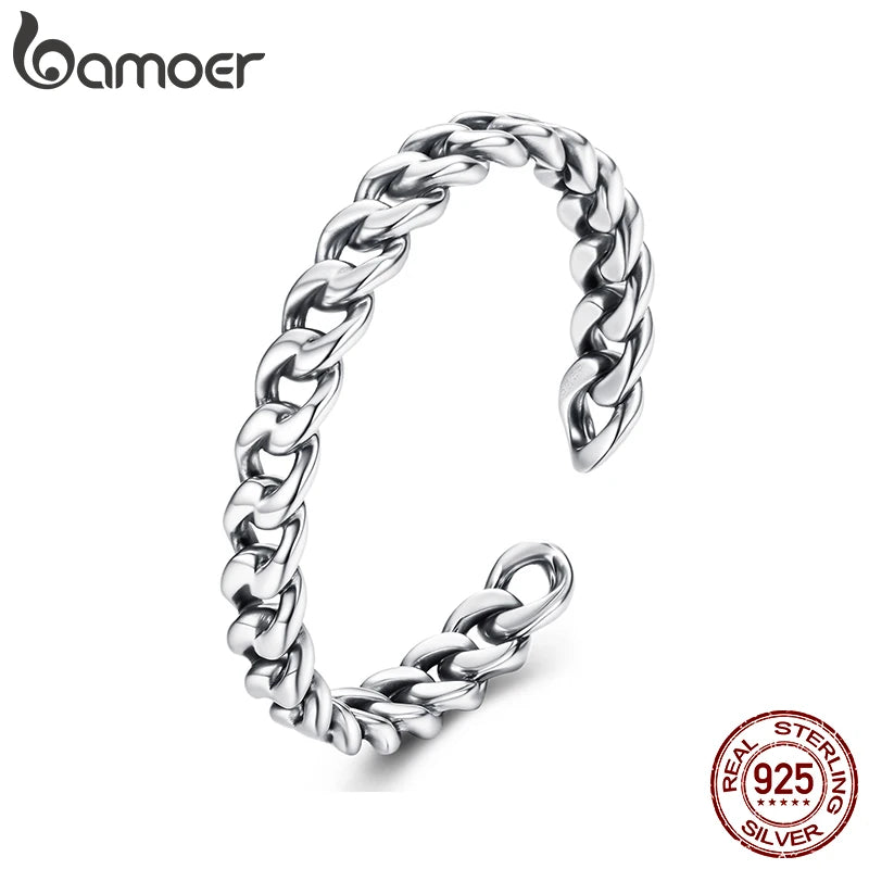 BAMOER Solid 925 Sterling Silver Cuban Link Band Ring for Women Men, Classic Minimalist Open Chain Link Cocktail Ring SCR1129