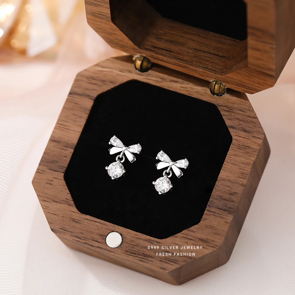 Real 925 Sterling Silver Fashion Romantic Delicate Zircon Bow Stud Earrings For Women Wedding Fine Jewelry