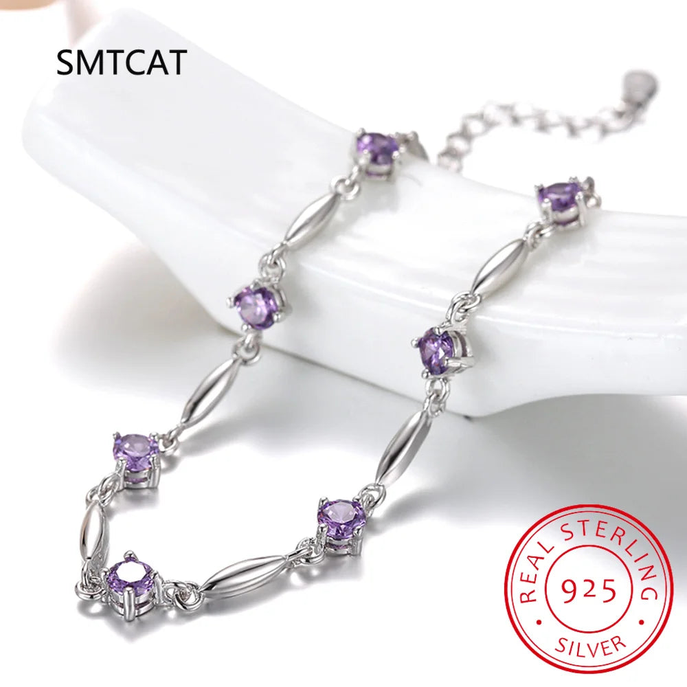 Round Natural Amethyst 925 Sterling Silver Bracelet for Women Fashion Purple Gemstone Statement Jewelry Pulseiras De Prata