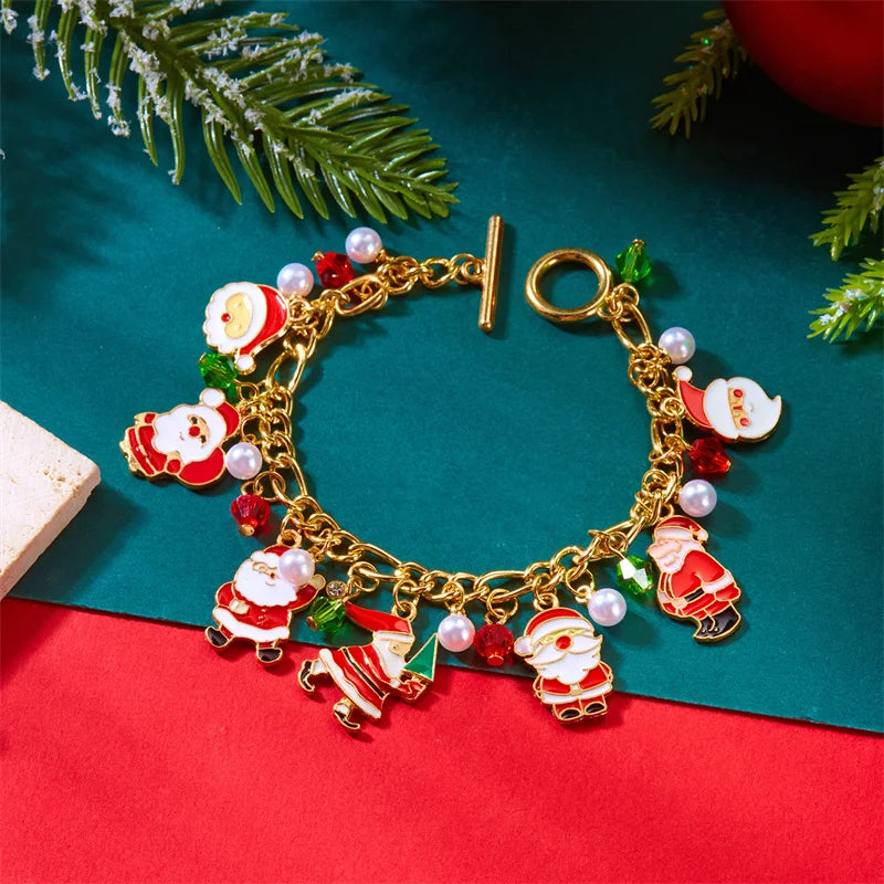 Creative Christmas Series Bracelet For Women Men Santa Claus Snowflake Zircon Elk Xmas Tree Metal Chain Bangles New Year Jewelry