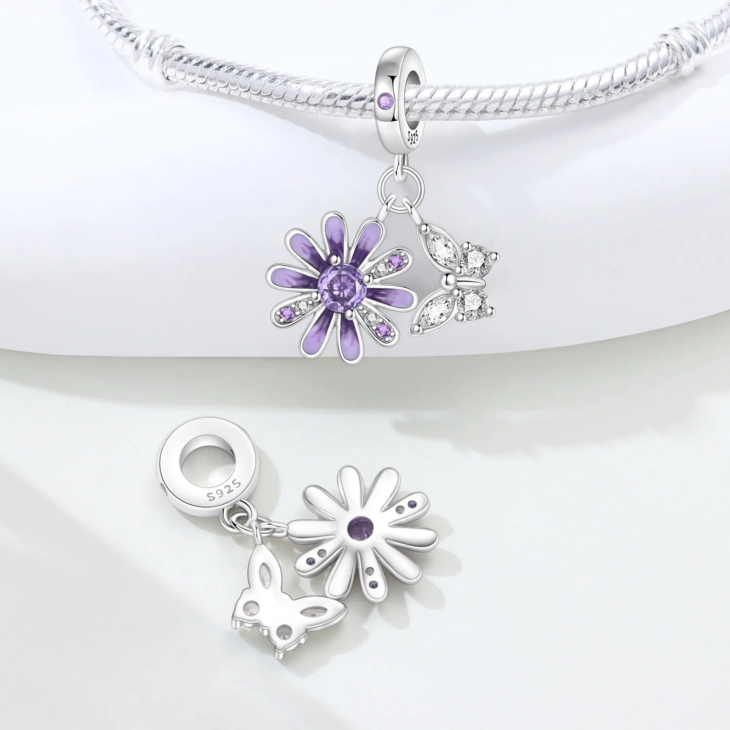 PANPOKI 925 Sterling Silver Purple Daisy Butterfly Beads Original Pendants Bracelet Charm Jewelry Party DIY Trendy Gifts