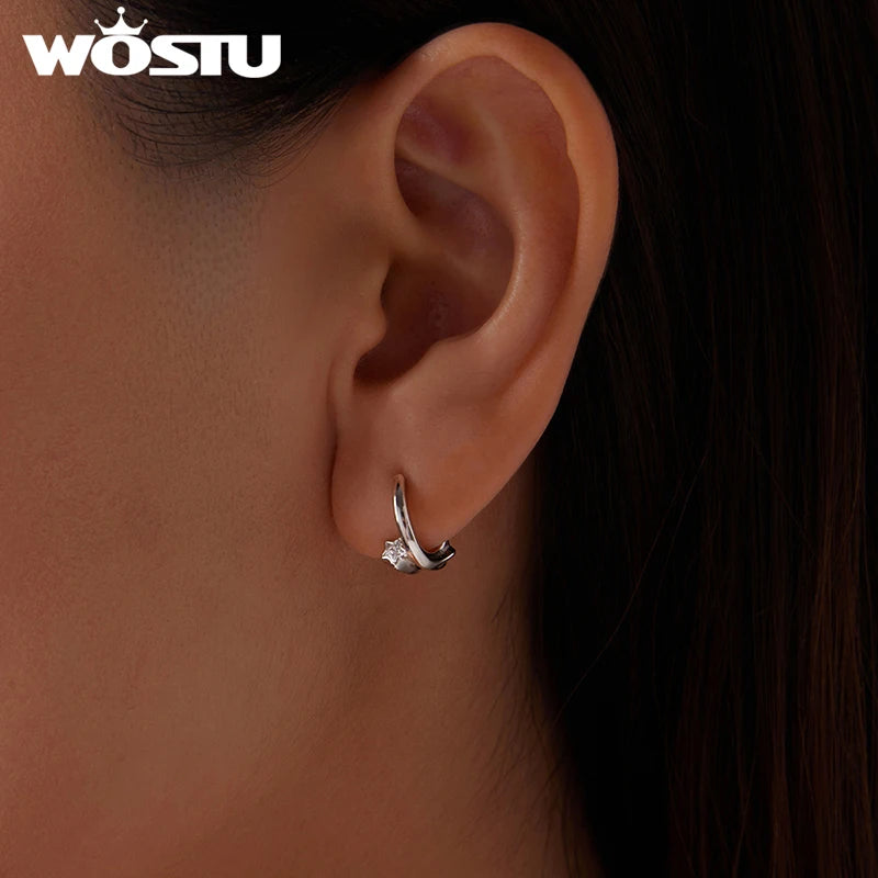 WOSTU Sterling Silver Star Huggies Earrings for Women, Minimalist CZ Hoop Earring Dainty Circle Ear Jewelry Gift for Girl