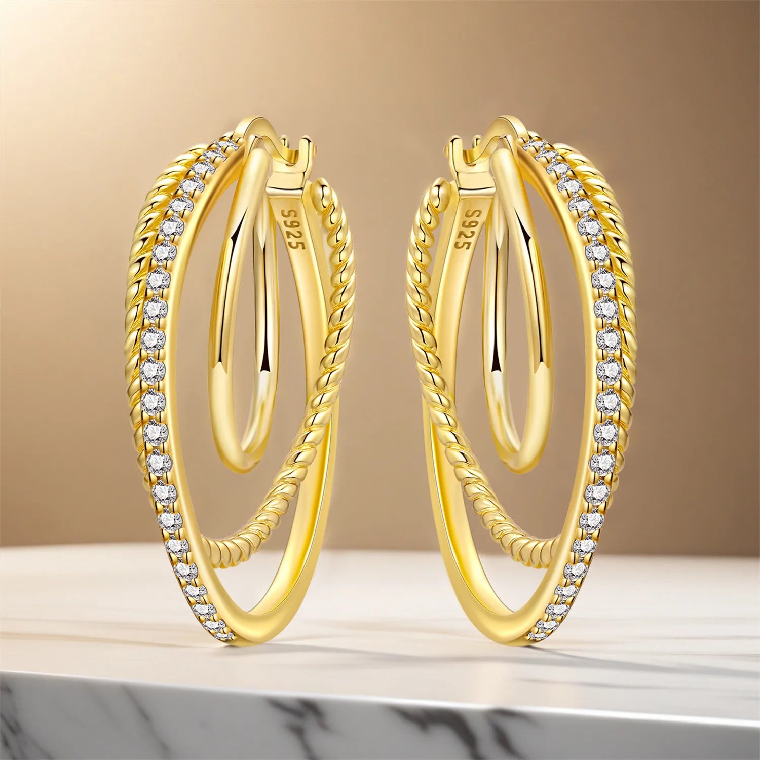 PANPOKI S925 Sterling Silver 18k Gold French 3-Ring Earrings Hoop Earrings For Women Jewelry Original Trendy Anniversary Gifts