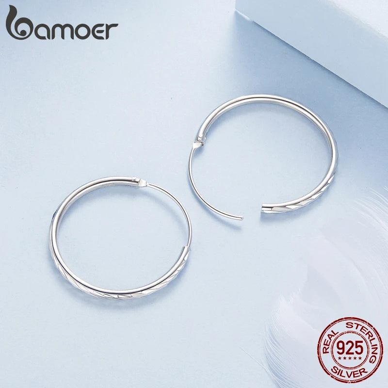 BAMOER 925 Sterling Silver Engraved Hoop Earrings for Women, Lightwieght Big Hoop Earrings Hypoallergenic Trendy Hoop Earrings