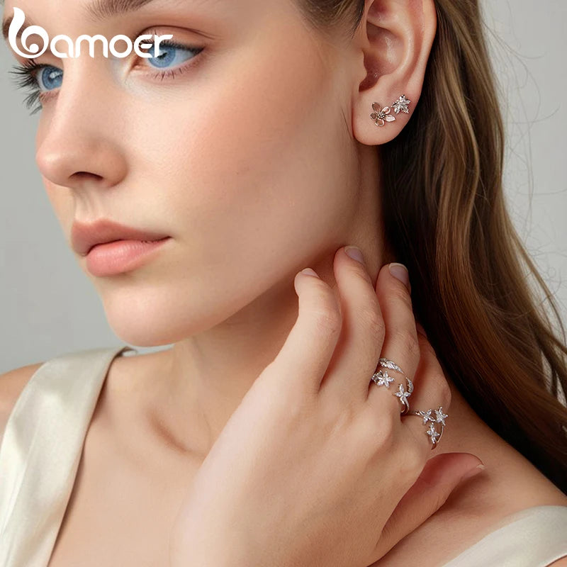 Bamoer 925 Sterling Silver Wheat Ear Open Ring Adjusable Pave Setting CZ Feather Shape Ring for Women Girl Lucky Party Gift