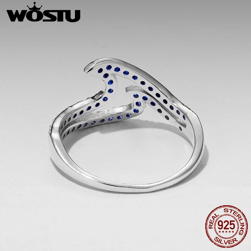 WOSTU Ringe aus echtem 925er Sterlingsilber mit Wellenmuster, elegantem, stapelbarem Statement-Ring im Ozeanwellen-Design mit blauem Zirkonia-Farbverlauf für Damen