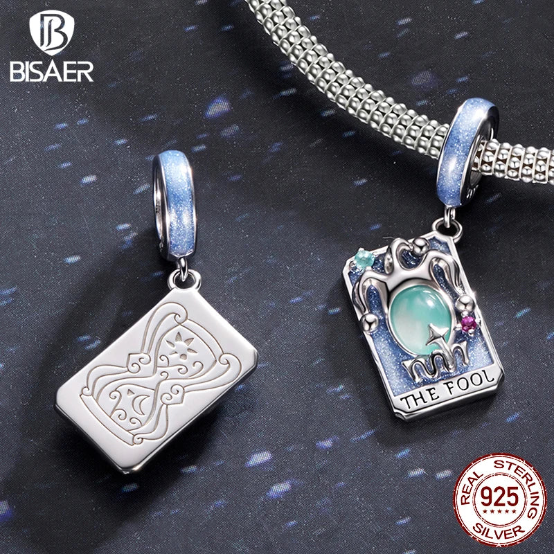 BISAER 925 Sterling Silver Tarot Card Series Pendant Tower Chariot World Judgment Hierophant Charm for DIY Bracelet Fine Jewelry