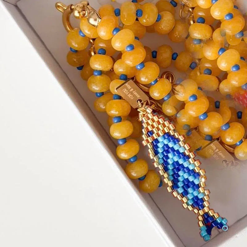 Bohemian Ocean Series hand-woven colorful fish pendant elegant and grand natural stone beaded necklace for girl go to beach