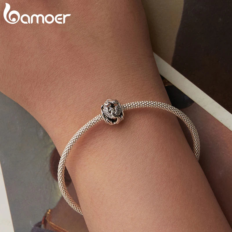 BAMOER 925 Sterling Silver Phoenix Flying Dragon Charm Bead Fit Original Bracelet, Round Hollow Beads DIY Jewelry Accessories