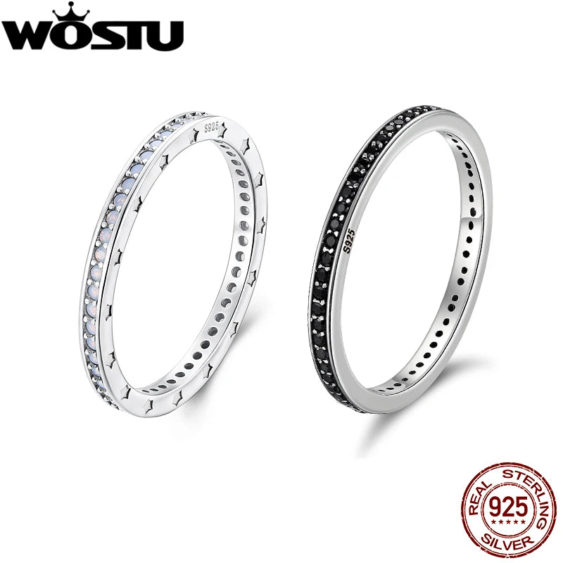 WOSTU 925 Sterling Silver Simple White Opal Black Onyx Band Rings For Women, Everyday Wear Full Stone Rings Party Gift for her