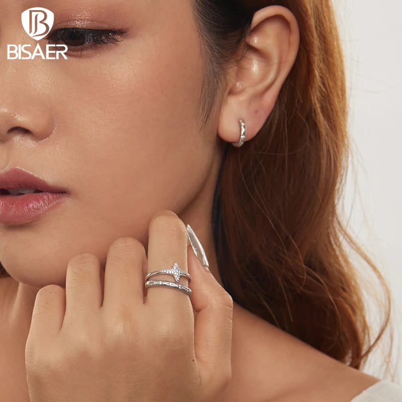 Bague étoile scintillante en argent sterling 925 BISAER sertie de zircons pavés, bande de doigt plaquée or blanc pour femme, bijoux fins de mariage