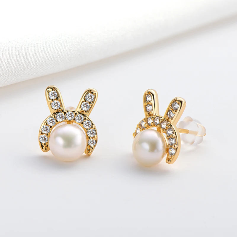 Cute Freshwater Pearl Rabbit Earrings For Women 6-6.5Mm 14K Gold Bag Women Children'S Birthday Party Jewelry Gift