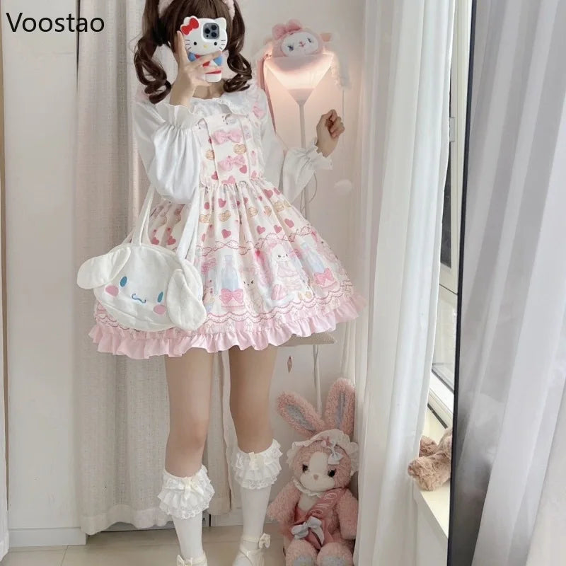 Japanese Sweet Lolita Jsk Dress Women Cute Cartoon Bear Print Bow Lace Ruffles Strap Dress Girls Kawaii Tea Party Princess Dress
