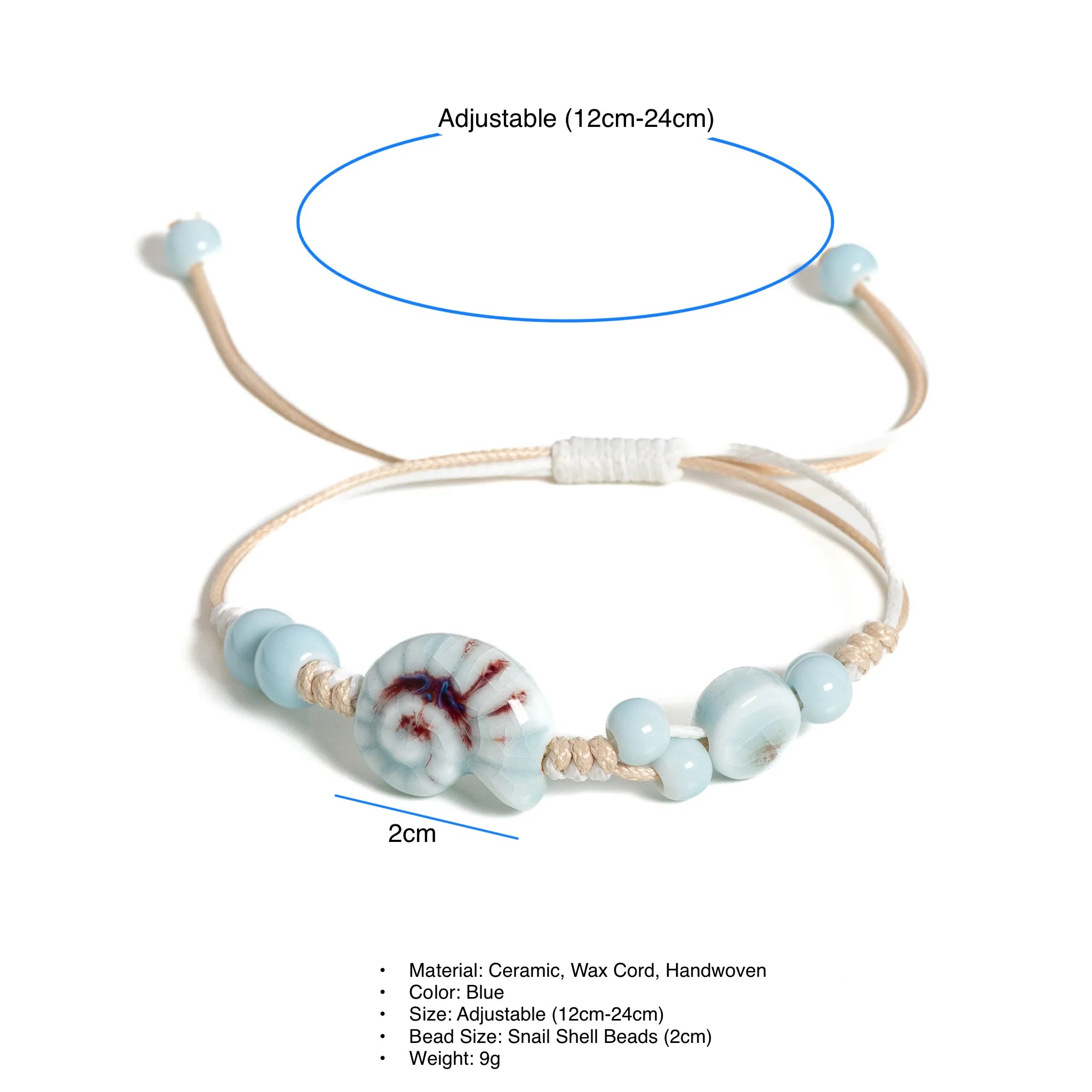 Handmade Blue Snail Shell Ceramic Bracelet Adjustable Handwoven Boho Jewelry for Women & Men - S02-005