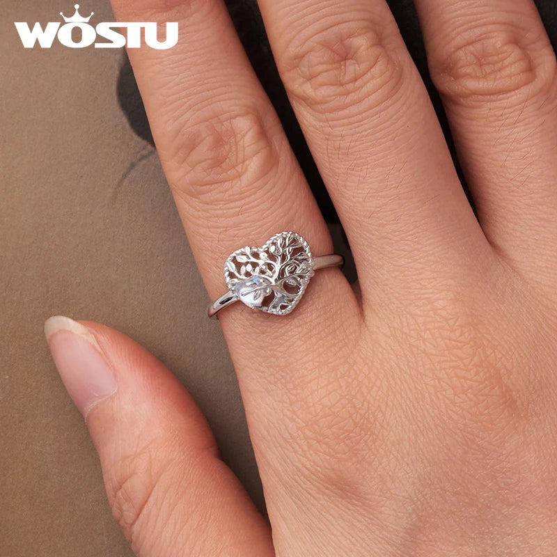WOSTU 925 Sterling Silver Tree of Life Open Ring Heart Moonstone White Gold Women Wife Anniversary Birthday Fine Jewelry Gift