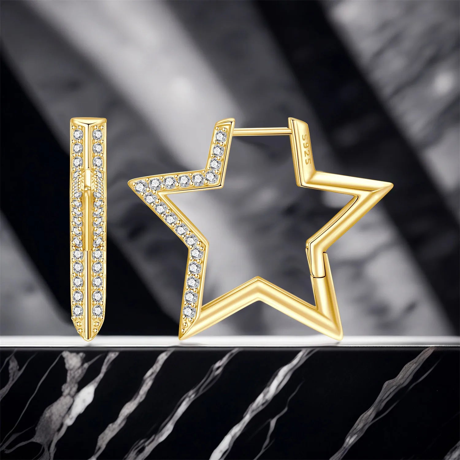 PANPOKI Original 925 Sterling Silver Golden Pentagram Shining Earrings Women Hoop Earring Anniversary Jewelry Trendy Gifts