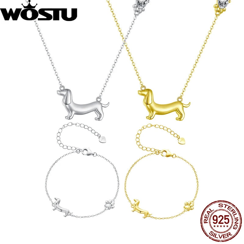WOSTU 925 Sterling Silver Dachshund Pendant Necklace 18K Gold Pet Paw Chain Link Dog Charm bracelets Earrings Ring For Pet Lover