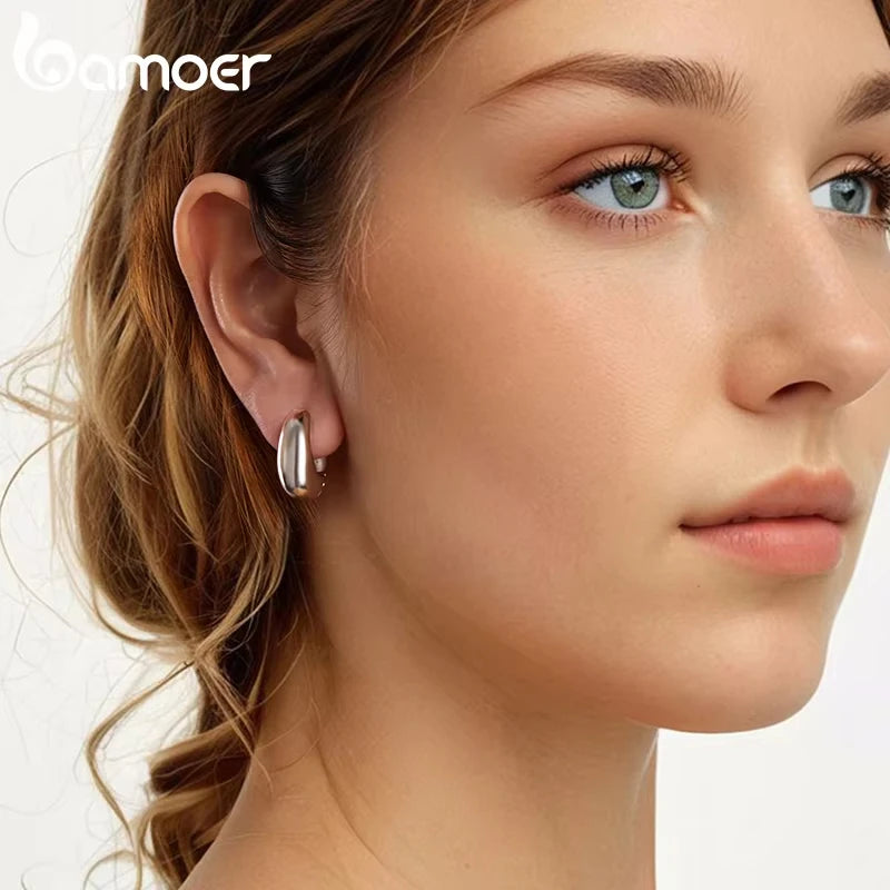 BAMOER White Gold Plated 925 Sterling Silver Post Glossy Hoop Earrings, High Polished Trendy Fashion Jewelry for Women Bijoux