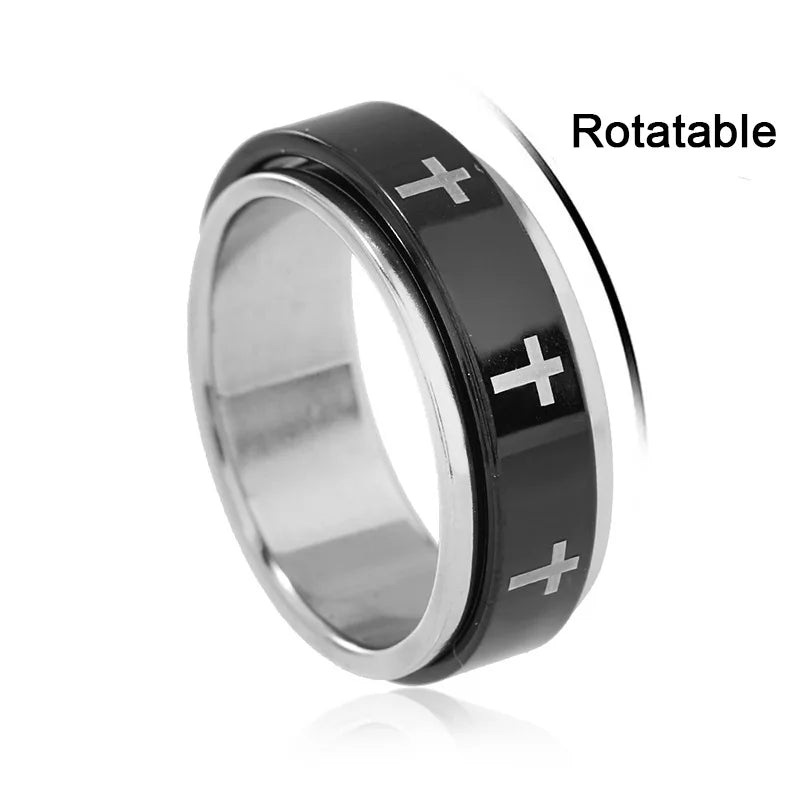 Rotatable Metal Cross Ring For Men Women White In Black Stainless Steel Ring Punk Gothic Accessories Christian Jewelry Gift