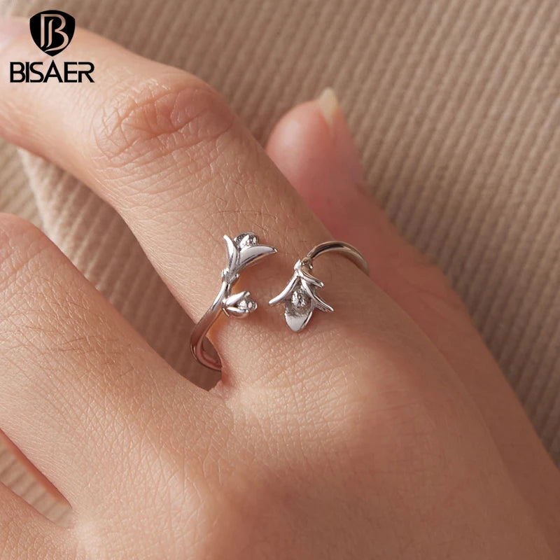 BISAER Real 925 Sterling Silver Lavender Open Ring Blooming Flowers Stackable Band Adjustable 5-8 for Women Party Fine Jewelry