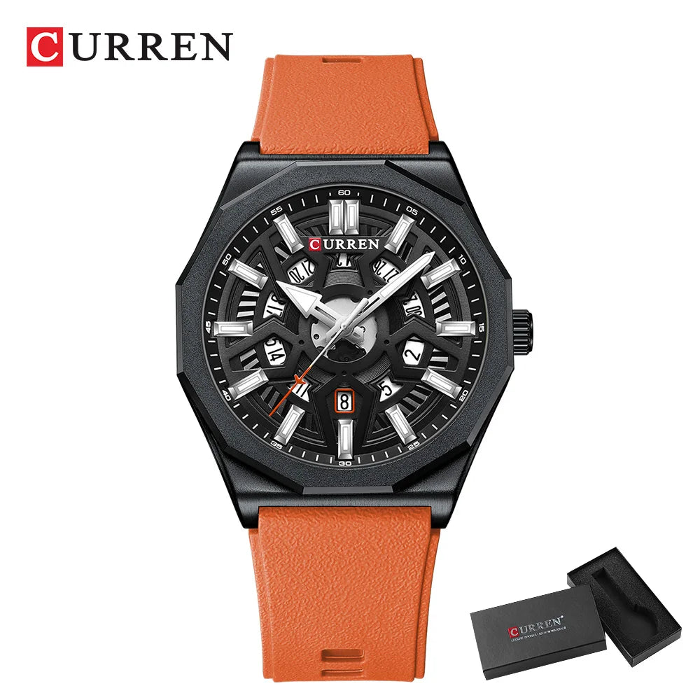 CURREN Fashion Design Wristwatches for Men's Casual Silicone Straps Quartz Auto Date Watch with Luminous Hands 8437