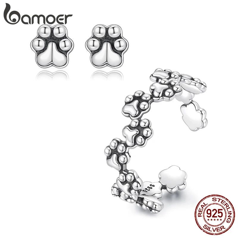 BAMOER Schmuckset aus 925 Sterling Silber mit Hundepfotenabdruck: Hübscher offener Ring und Mini-Ohrstecker – das perfekte Geschenk für Frauen und Familien.