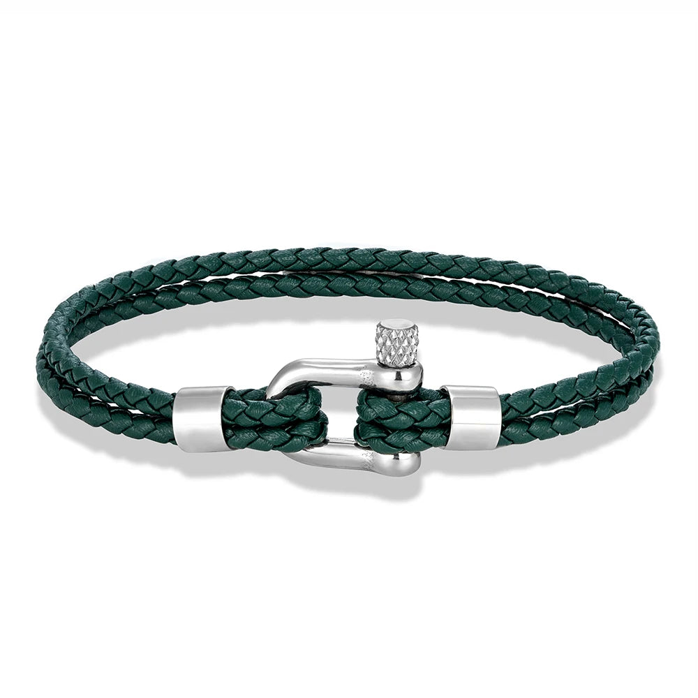 MKENDN Gold Plated Stainless Steel Shackle Bracelet Men Women Simple Double Layer Braided Blue Leather Bracelets Handmade Gifts